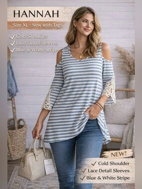 Hannah Blue & White Striped Cold-Shoulder Tunic with Lace Sleeves